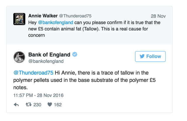  Bank of England trả lời một người dùng Twitter về việc sử dụng mỡ trong quy trình sản xuất tờ 5 bảng 