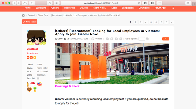  Bài post tuyển dụng tại thị trường Việt Nam từ diễn đàn MIUI quốc tế 