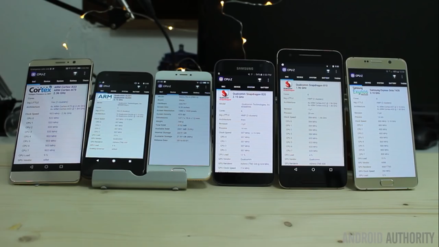  Những chiếc smartphone tham gia trận so găng này (từ trái qua phải): Huawei Mate 9, Google Pixel, Meizu Pro 6, Samsung Galaxy S7, Nexus 6P và Galaxy Note 5. 