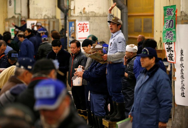  Người điều khiển giơ tay hô giá trong phiên đấu giá cá ngừ đầu năm ở chợ Tsukiji, Tokyo, Nhật Bản 