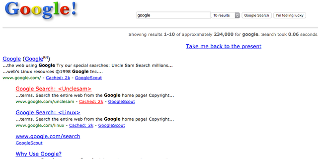  12. Tìm Google năm 1998 sẽ đưa bạn đến trang Google của 19 năm trước cùng với tiểu sử của công ty này. 
