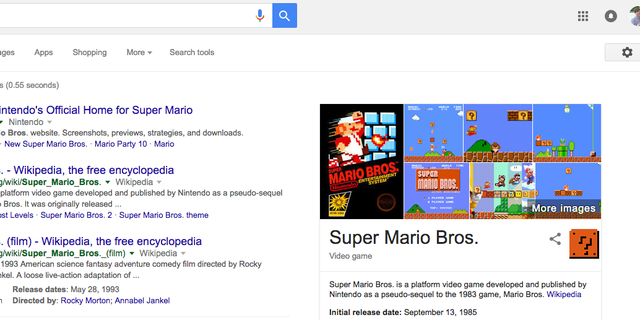  15. Chắc hẳn nhiều thành viên của đội ngũ làm việc cho Google là game thủ. Tìm Super Mario Bros mà xem, hãy ấn vào dấu hỏi ở bên cạnh kết quả hình ảnh. Bạn sẽ nghe được âm thanh ăn tiền quen thuộc của anh chàng thợ sửa ống nước này. 