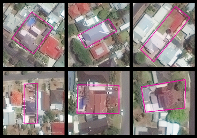  Dựa vào nền tảng GBDX, PoolNet có thể xác định được những ngôi nhà có bể bơi, và tự động đóng khung nó trong đường kẻ màu hồng. 