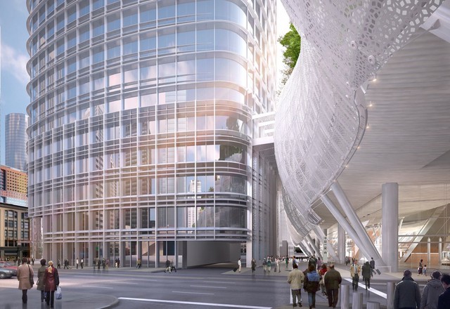  Salesforce Tower có hình dáng thanh mảnh với các góc cong. 