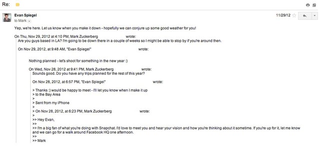  Đoạn email hẹn gặp thương lượng về vụ sáp nhập giữa Mark Zuckerberg và Evan Spiegel 