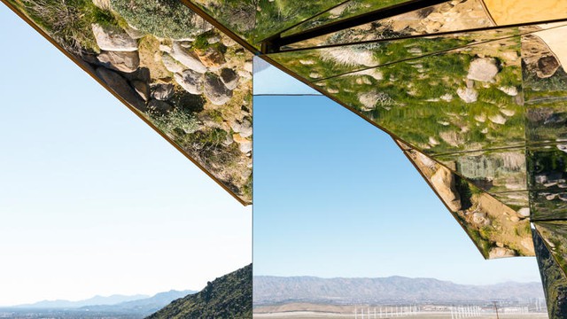  Lớp texture bằng gương trong trẻo phản chiếu lại hoàn toàn các chiều không gian. Từ mặt đất, bầu trời đến những dãy núi ở xa xăm. The mirror xóa nhòa khoảng cách giữa những chiều không gian ấy. 