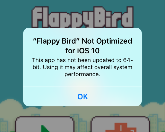 Cảnh báo trong phiên bản iOS 10 beta về những ứng dụng không hỗ trợ 64-bit.