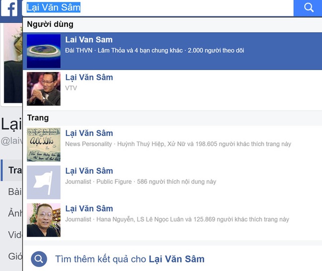 Có hàng trăm Facebook mang tên Lại Văn Sâm được lập ra trong nhiều năm qua