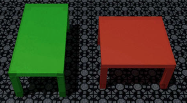 Khi nhìn vào 2 chiếc bàn này, hẳn bạn sẽ thấy bàn xanh dài hơn, và bàn đỏ có chiều ngang rộng hơn phải không?
