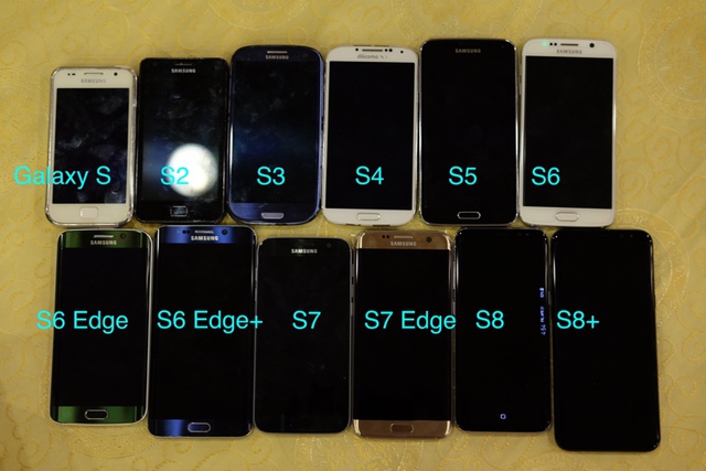 Tất cả các máy dòng S của Samsung (từ trên xuống, từ trái qua): S, S2, S3, S4, S5, S6; S6 Edge, S6 Edge , S7, S7 Edge, S8, S8 .