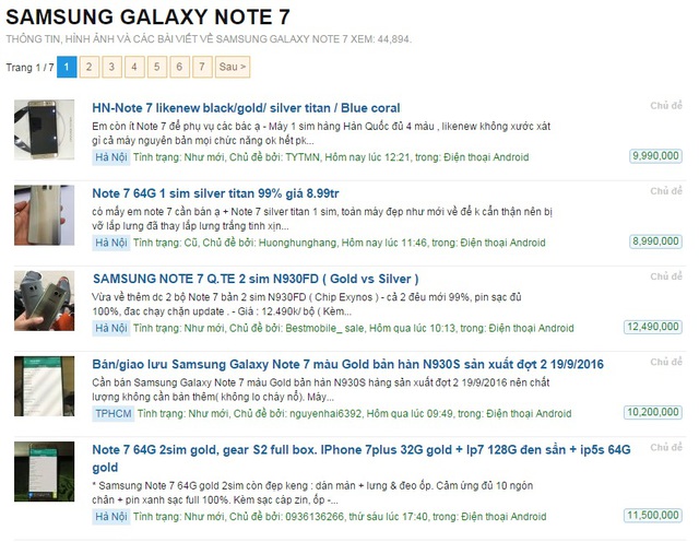  Hàng loạt thông tin rao bán Note7 cũ trên mạng. 