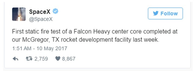 Chia sẻ về thử nghiệm đối với Falcon Heavy của SpaceX trên Twitter