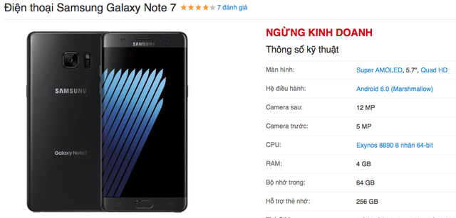  Các đại lý bán lẻ lớn tại Việt Nam đều đã ngừng kinh doanh Galaxy Note7 