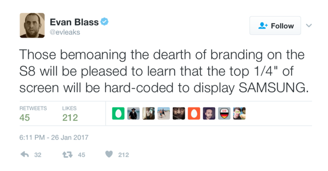  Evan Blass cho biết Samsung sẽ sử dụng một phần màn hình của S8 để hiển thị tên hãng 