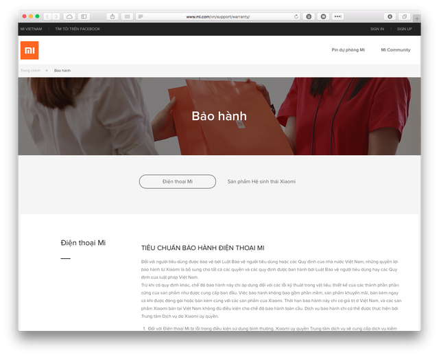  Website về quy định bảo hành của Xiaomi tại Việt Nam 