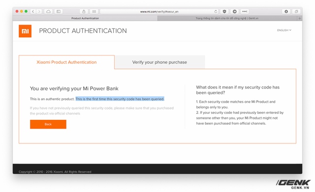  Xác thực sạc dự phòng thật trên website của Xiaomi 