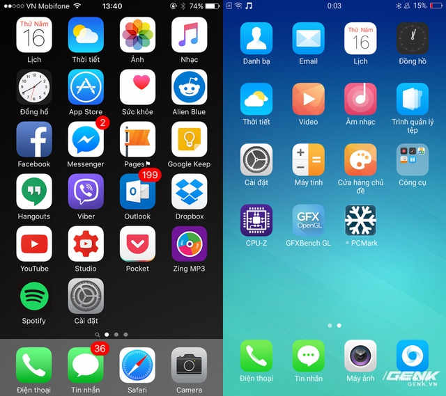  Màn hình chính (homescreen) không có app drawer và các icon đầy màu sắc 