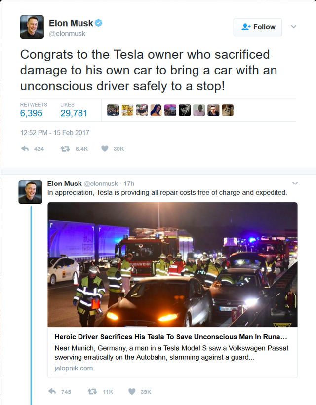  “Xin chúc mừng chủ sở hữu xe Tesla, người mạo hiểm chiếc xe của mình để dừng một chiếc xe khác với tài xế đã bị bất tỉnh một cách an toàn!” “Thật đáng trân trọng, Tesla sẽ miễn toàn bộ chi phí cho việc sửa chữa.” 