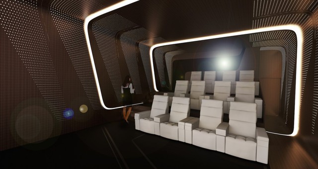  Bên ngoài sảnh đợi có một rạp chiếu phim IMAX có đủ ghế cho 12 người ngồi. 