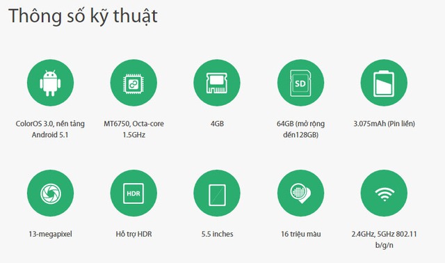  Thông số kỹ thuật của F1s 2017 trên website Oppo cho thấy máy vẫn chạy Android 5.1 Lollipop 