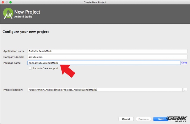  Sử dụng một IDE như Android Studio để tạo một project với package name giống chương trình benchmark 