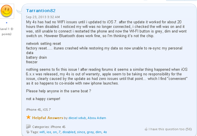  Phàn nàn của một người dùng iPhone 4S về rắc rối Wi-Fi ngừng hoạt động sau khi cập nhật iOS 7.