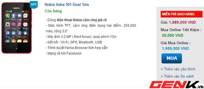  Điện thoại giá rẻ Asha 501 bắt đầu được rao bán tại Việt Nam với giá 1,99 triệu đồng.