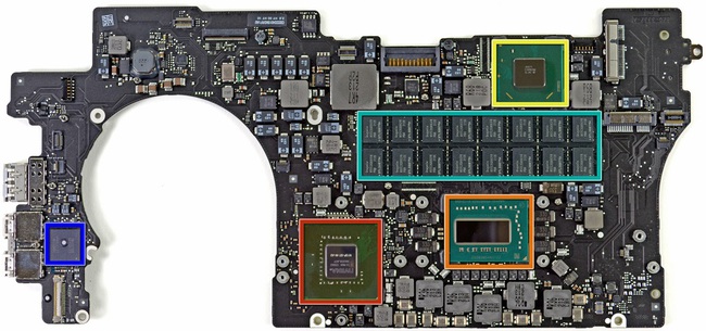  Ô màu cam là CPU Intel Core i5 Ivy Bridge, màu đỏ là GPU nVIDIA GT 650M, màu xanh lục là RAM, màu vàng là chip điều khiển bo mạch.