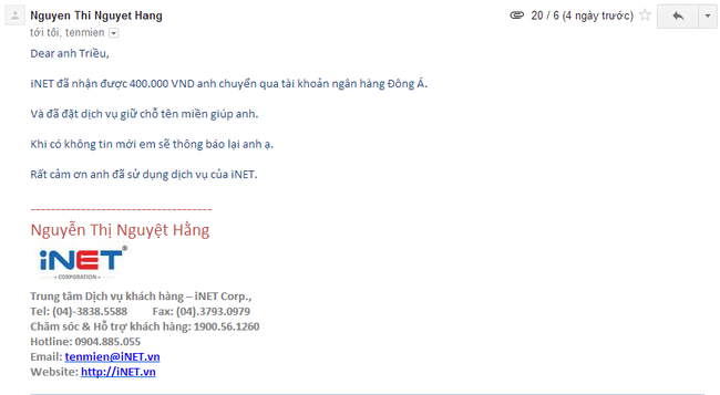  Nhân viên iNET đã xác nhận thông tin chuyển khoản.