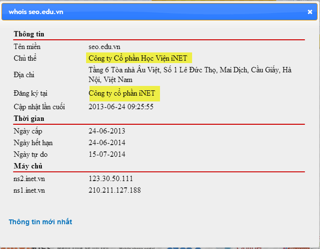  Thông tin sở hữu tên miền seo.edu.vn hiện tại