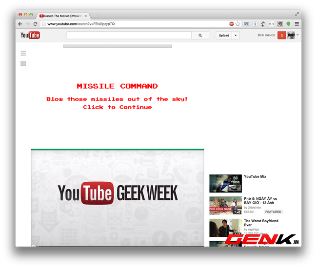 Chơi game Missle Command ngay tr&ecirc;n YouTube.