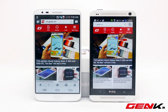  LG G2 đọ dáng cùng HTC One. Màn hình của One cho màu sắc khá nịnh mắt nhưng hơi ám đỏ nhẹ.