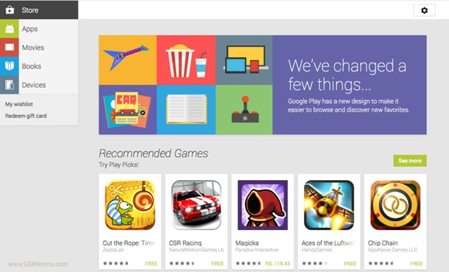 Giao diện Google Play Store trên nền web được thiết kế lại giống Android