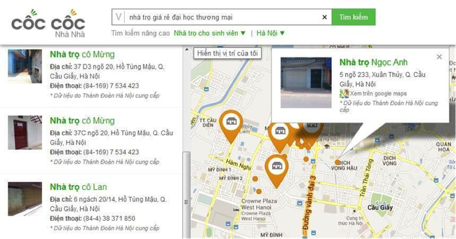  Kết quả hiển thị tìm nhà trọ trên Cốc Cốc.