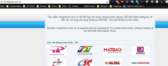  Trang web chính thức của Vinaphone không thể truy cập và có thông báo hết hạn tên miền. 