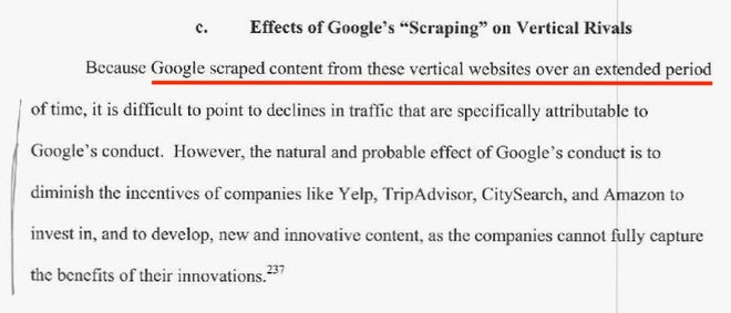  Dòng gạch chân cho biết, Google đã thu thập nội dung từ các website đối thủ trong một thời gian dài. 