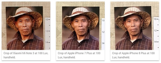  So sánh ảnh crop từ Mi Note 3 với iPhone 7 Plus và iPhone 8 Plus ở độ sáng thông thường (100 lux trong phòng thí nghiệm). 