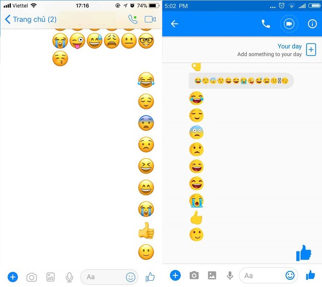  Màn hình ứng dụng Messenger trên thiết bị chạy iOS 11 (bên trái) và thiết bị chạy Android (bên phải). Emoji của Facebook Messenger trên iOS 11 đã bị biến mất, mà thay vào đó là emoji mặc định của iOS 