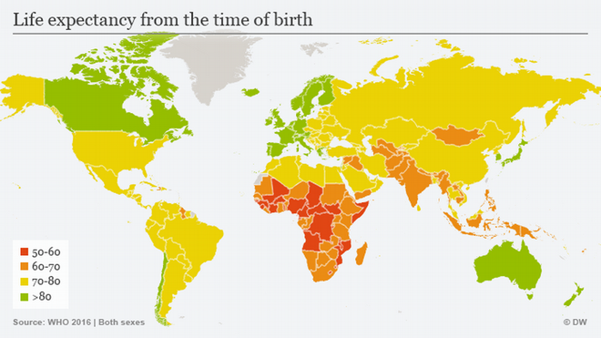  Tuổi thọ trung bình của các quốc gia trên thế giới, theo số liệu năm 2016 của Tổ chức y tế thế giới (WHO) 