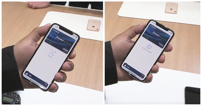  Trước tiên bạn phải mở ứng dụng thanh toán để kích hoạt Face ID trước (bên trái), và sau đó đưa lại gần máy quẹt thẻ, cho tới khi biểu tượng ở trung tâm màn hình thay đổi, để thanh toán. 