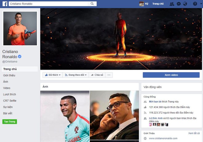  Trang cá nhân của Ronaldo trên Facebook với 121 triệu người thích và 119 triệu người theo dõi 