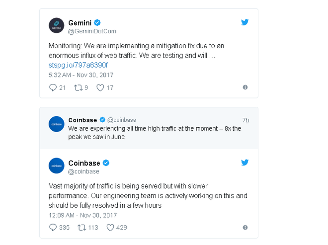  2 sàn giao dịch Coinbase và Gemini bỗng nhiên gặp sự cố nghiêm trọng 