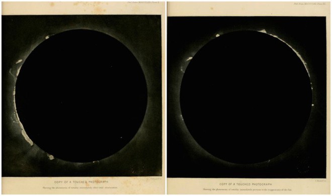 
Hai bức ảnh của về hiện tượng nhật thực toàn phần chụp ngày 18/7/1860 tại Rivabellosa, Tây Ban Nha (Warren De la Rue)
