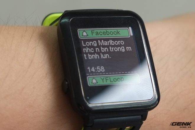  Một điểm đáng tiếc khác là chiếc smartwatch này hoàn toàn chưa hỗ trợ tiếng Việt, và thậm chí là cả tiếng Anh. Các thông báo tiếng Việt cũng hiển thị lỗi. Người dùng cũng không thể thao tác với thông báo này. 