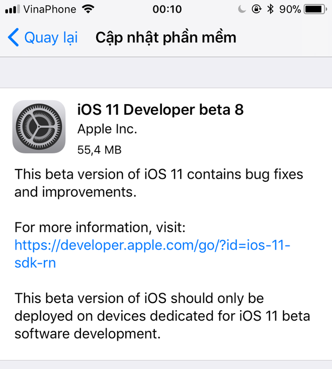  iOS 11 Beta 8 có dung lượng chỉ 55MB 