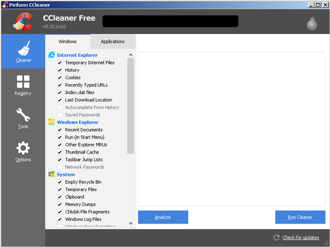  Giao diện CCleaner Free 5.33, phiên bản được cho là đang nhiễm malware. 