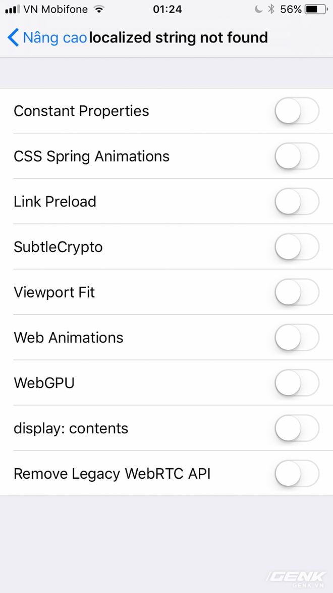  Trong cài đặt Safari, có một mục mới mang tên Experimental Features (Tính năng thử nghiệm), giúp các lập trình viên thử nghiệm website của mình trên phiên bản Safari mới 