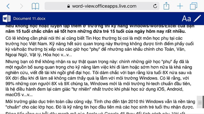 Giao diện Word Online trên Safari của iPhone.