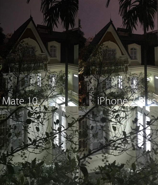 
So sánh nhanh chất lượng ảnh chụp tối của Mate 10 và một chiếc máy mà chúng tôi sở hữu là iPhone 7 Plus, có thể thấy Mate 10 vượt trội về độ chi tiết và khả năng khử nhiễu
​
