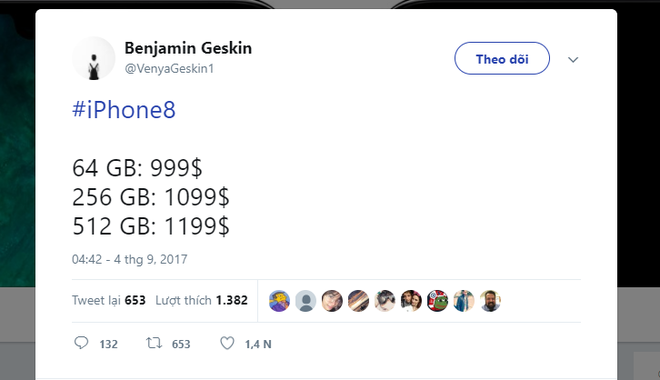  Tài khoản Twitter Benjamin Geskin tiết lộ giá iPhone 8 